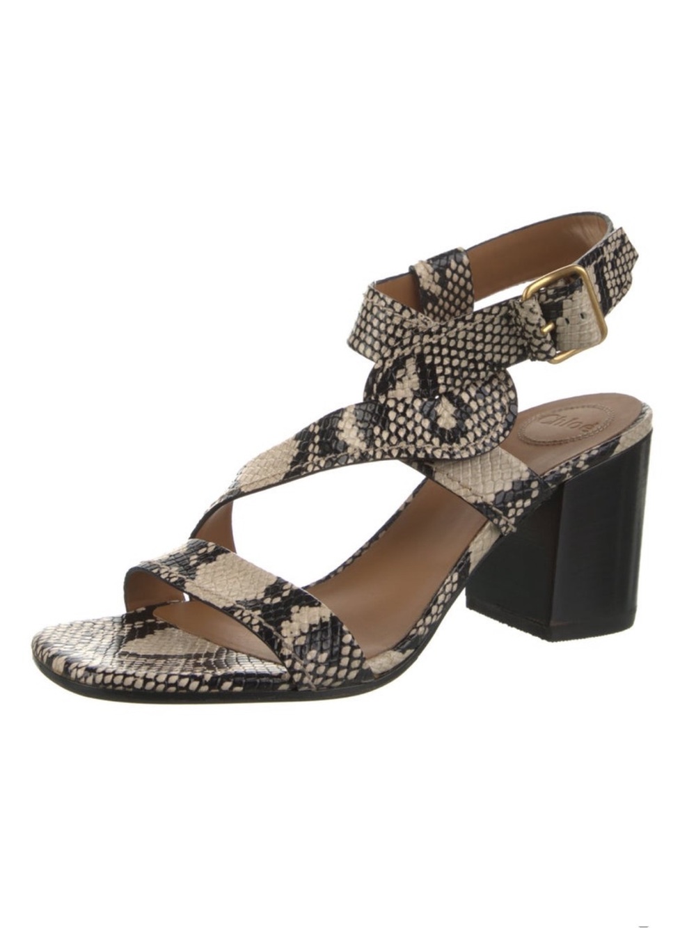 Chloe Snake-Print Block Heel Sandal in Neutral